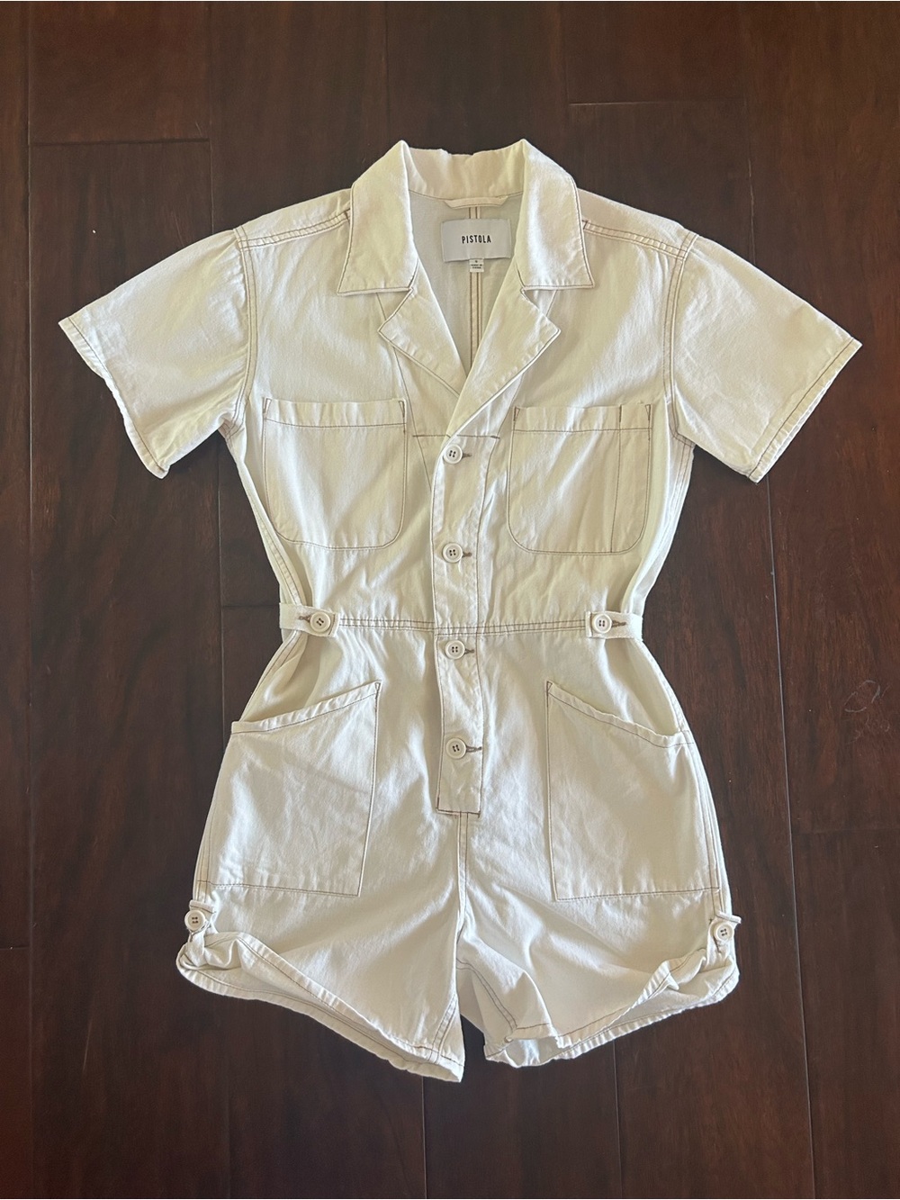 pistola Cream Short Sleeve Button Utility Romper